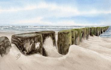 Brettchen Frühstücksbrettchen Aquarell - Strand Wellenbrecher Meer Ostsee Sylt18